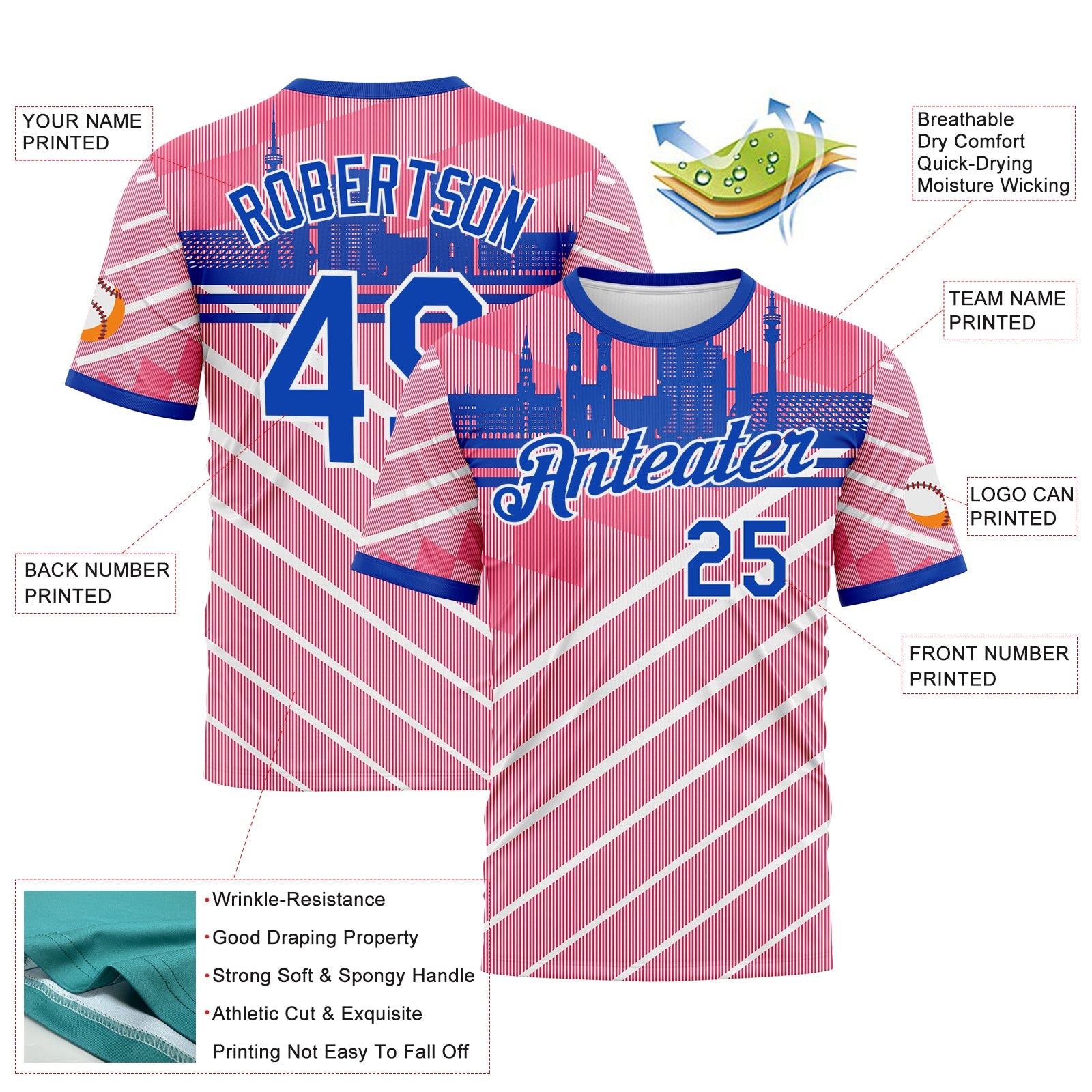 Custom Neon Pink Thunder Blue-White Munich Skyline Diagonal Stripe Performance T-Shirt