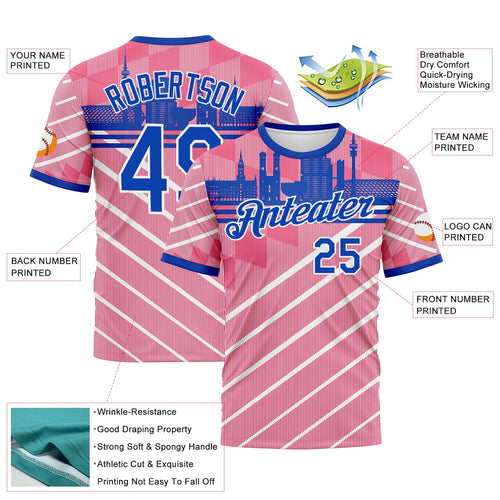 Custom Neon Pink Thunder Blue-White Munich Skyline Diagonal Stripe Performance T-Shirt