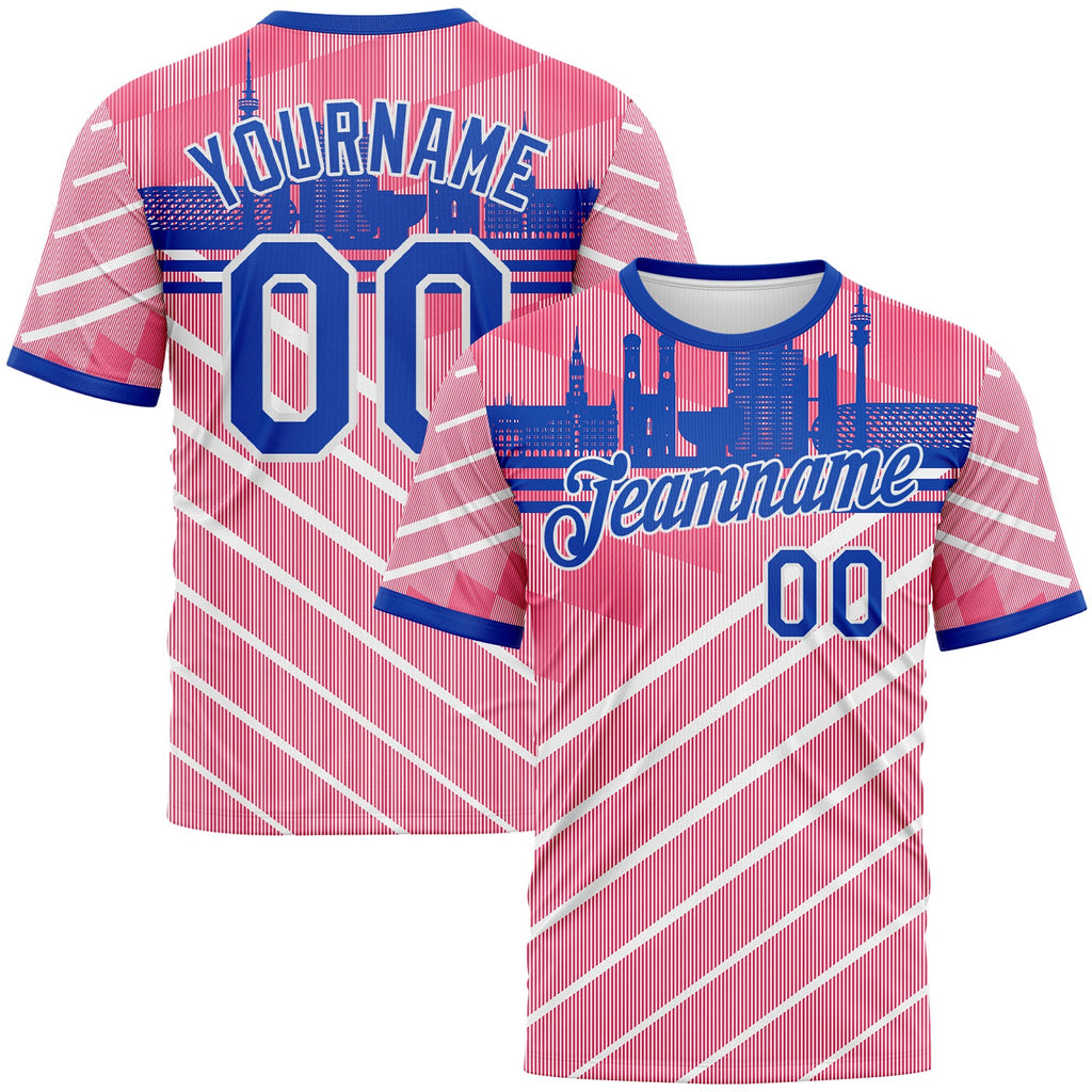 Custom Neon Pink Thunder Blue-White Munich Skyline Diagonal Stripe Performance T-Shirt