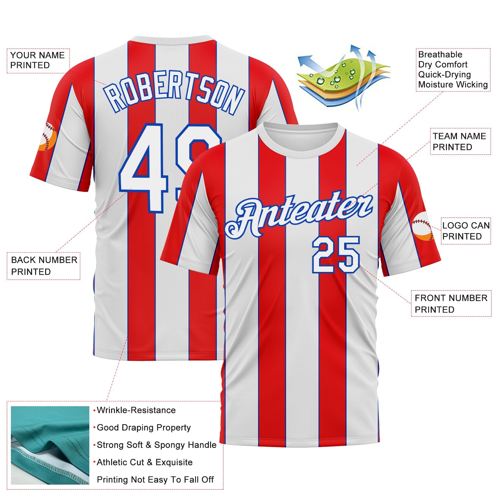 Custom White Fire Red-Thunder Blue Vertical Stripe Classic Performance T-Shirt