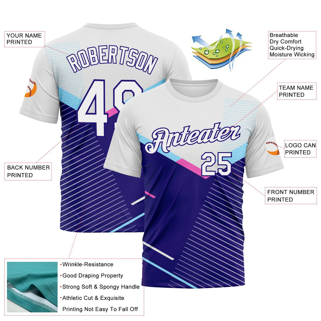 Custom White-Dark Purple Geometric Speed Line Chevron Stripe Performance T-Shirt