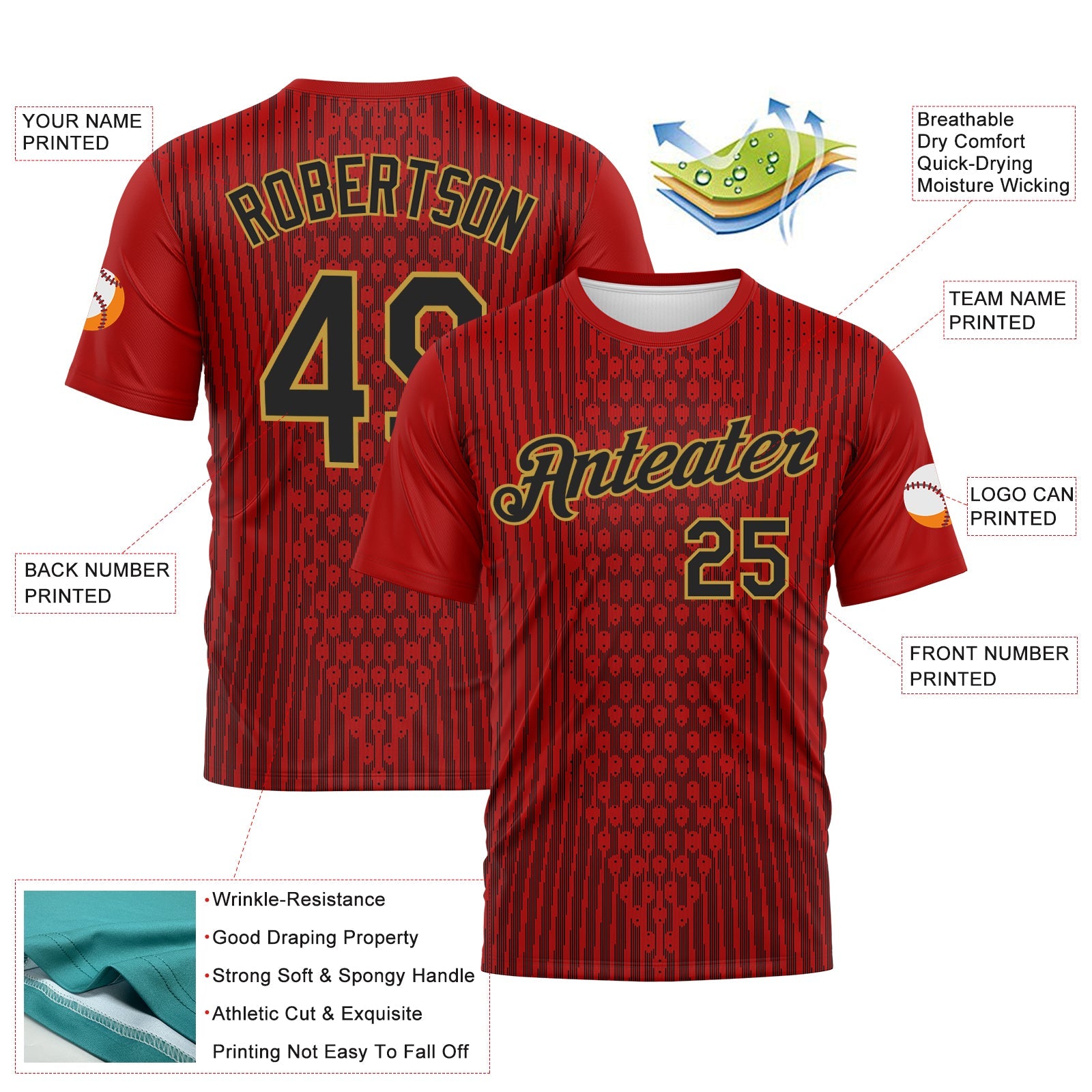 Custom Red Black-Old Gold Pixel Vertical Stripe Hexagon Performance T-Shirt