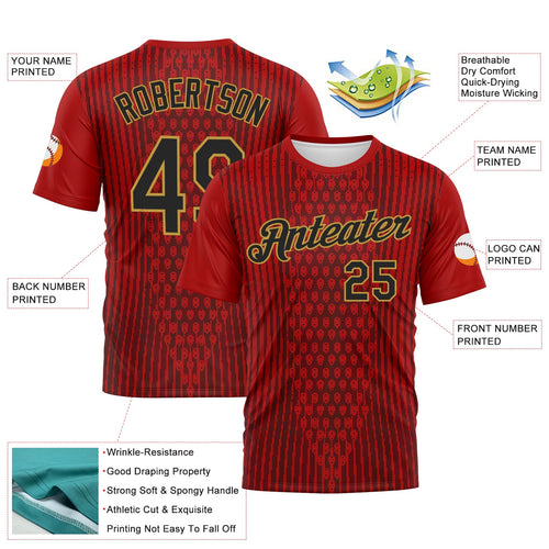 Custom Red Black-Old Gold Pixel Vertical Stripe Hexagon Performance T-Shirt