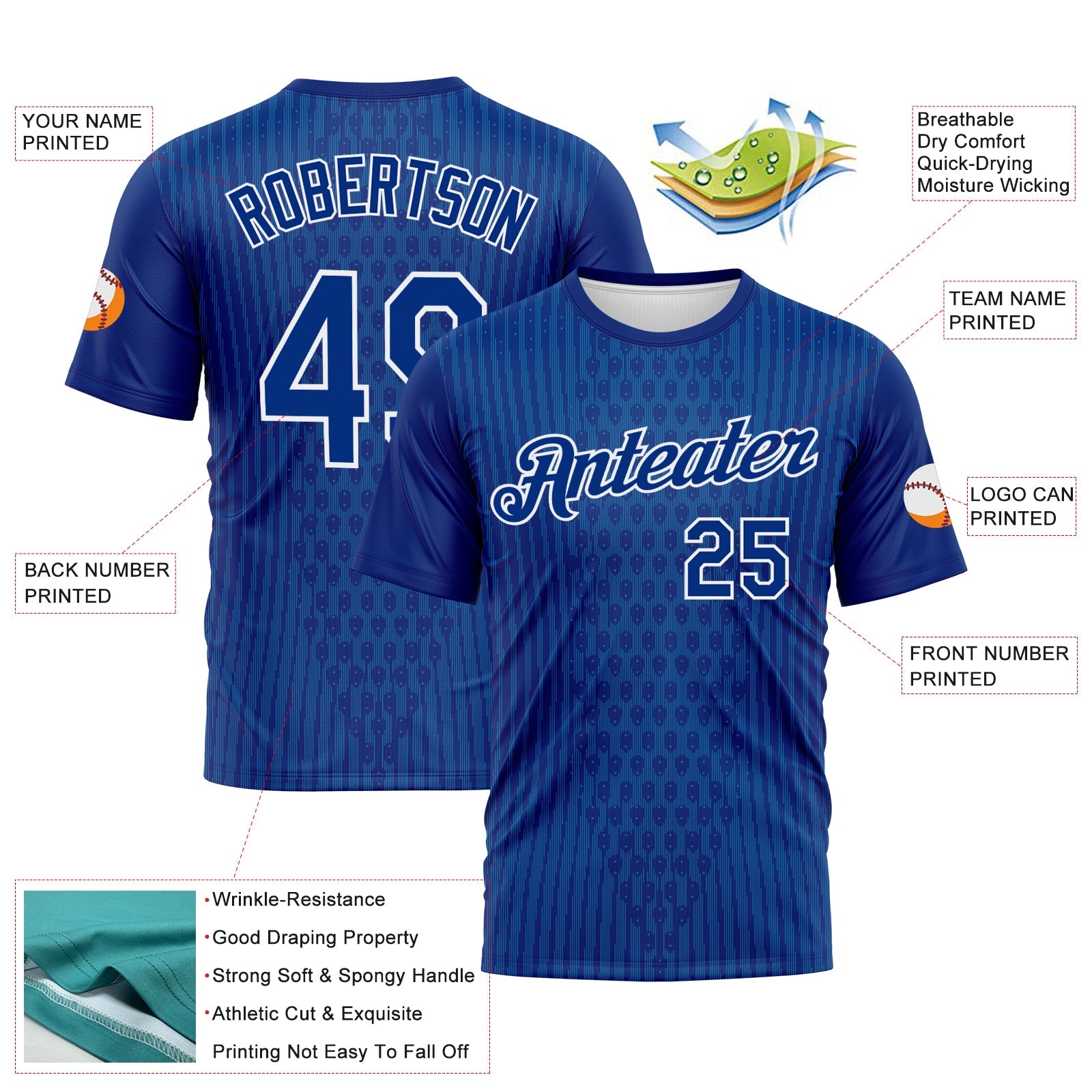 Custom Royal Blue-White Pixel Vertical Stripe Hexagon Performance T-Shirt