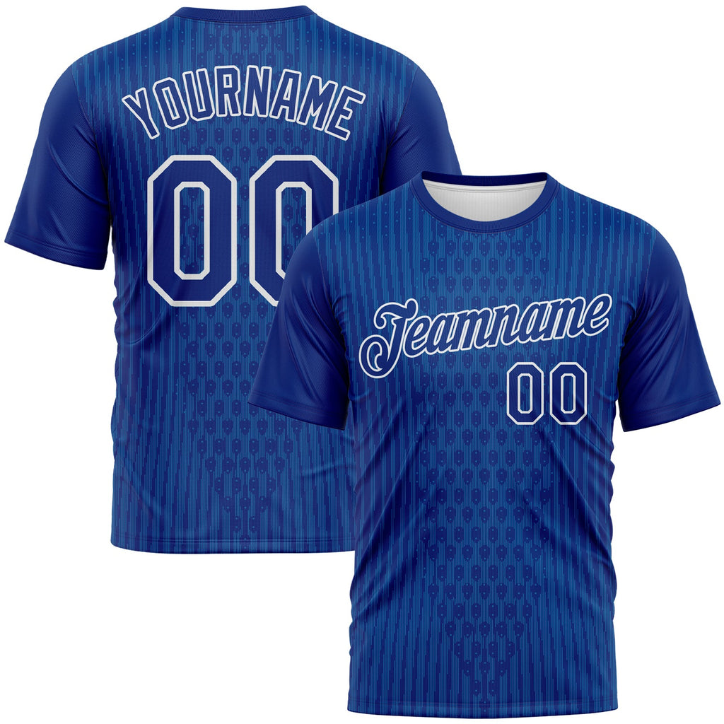 Custom Royal Blue-White Pixel Vertical Stripe Hexagon Performance T-Shirt