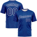 Custom Royal Blue-White Pixel Vertical Stripe Hexagon Performance T-Shirt